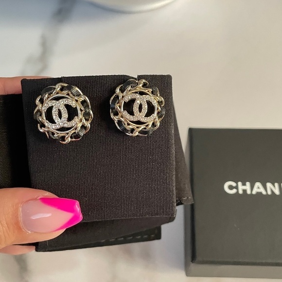 CHANEL 2022 Leather & Crystal CC Stud Earrings - Picture 2 of 7